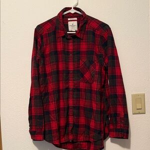 American Eagle Outfitters Red and Black Plaid Button-Down Shirt